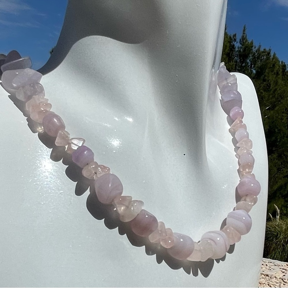 Rose Quartz & Glass Bead Necklace with Sterling Clasp